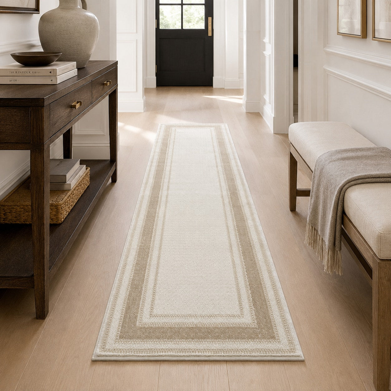Lafayette Key cream and beige Greek key border runner in a hallway
