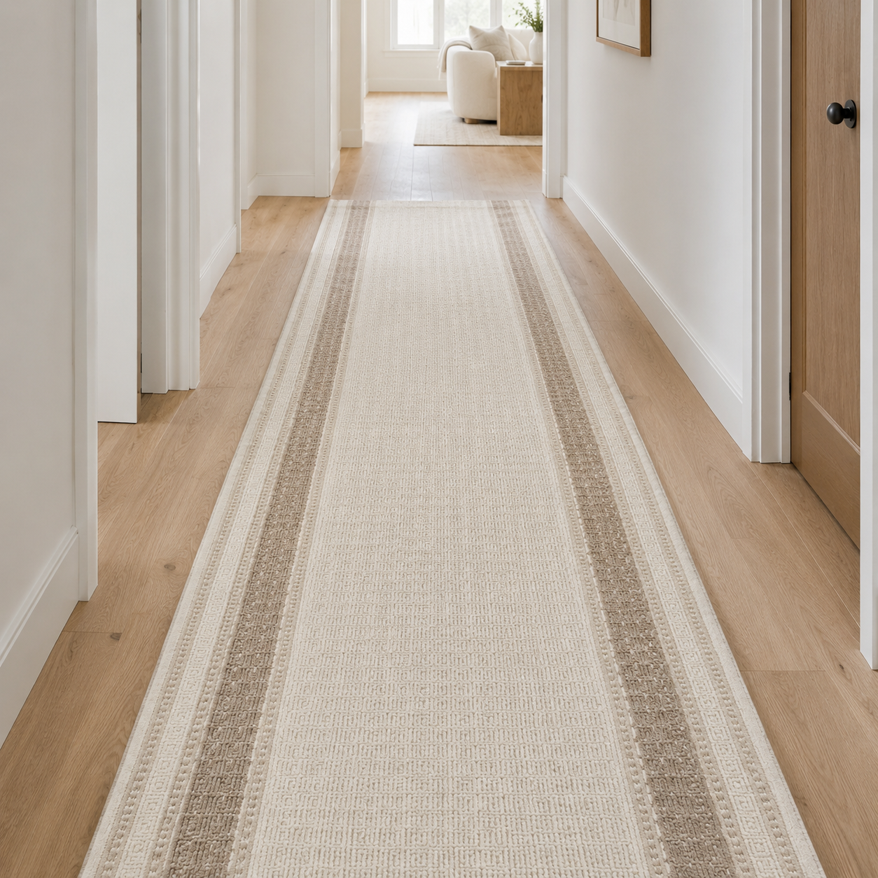Lafayette Key cream and beige custom runner in a hallway