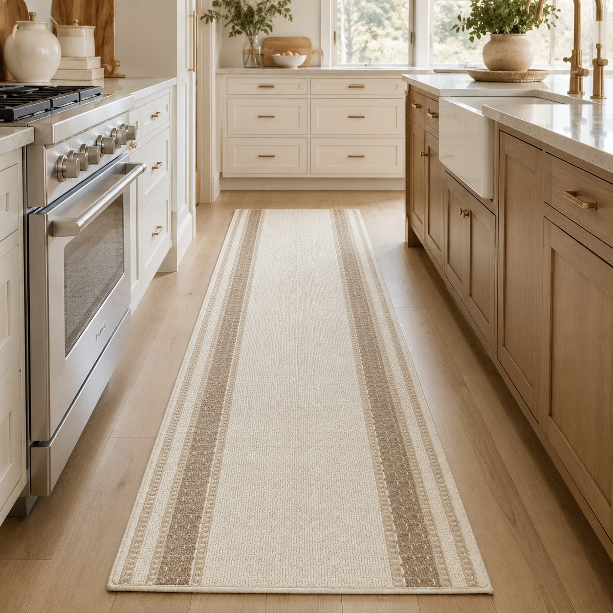 Lafayette Key cream and beige custom runner in a kitchen