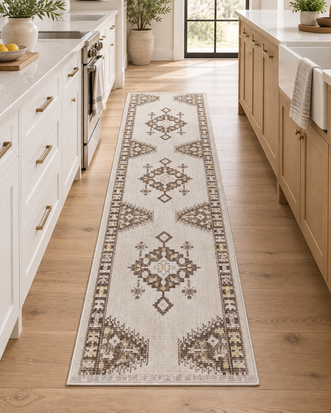 A long runner rug with a geometric tribal pattern in beige, brown, and cream, displayed on a light wood floor in a bright, modern kitchen.