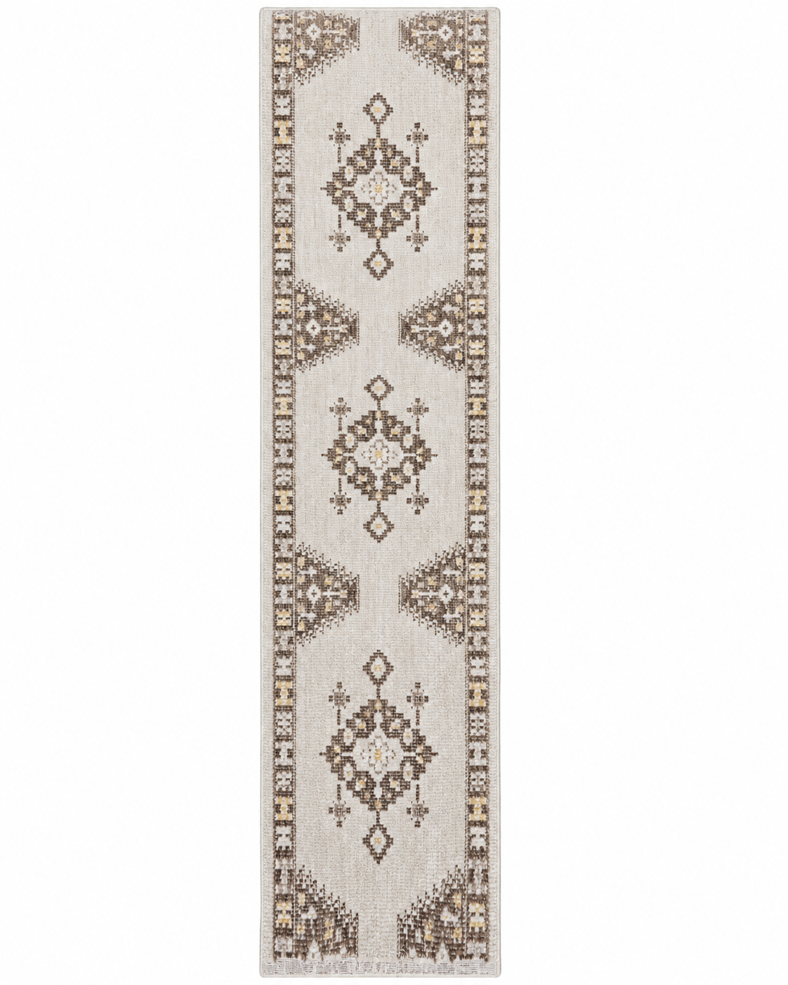 A long rectangular runner rug with a traditional geometric pattern in beige, brown, and cream on a white background.