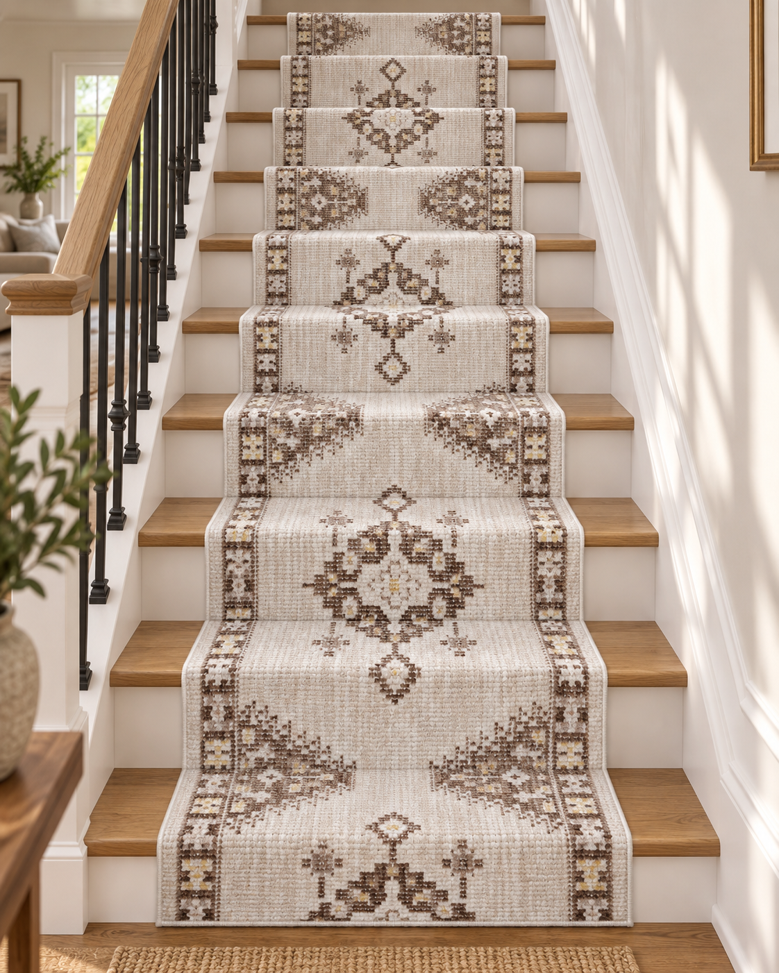 A set of patterned stair runners with a traditional geometric and floral design in beige, brown, and cream, shown installed on a wooden staircase.