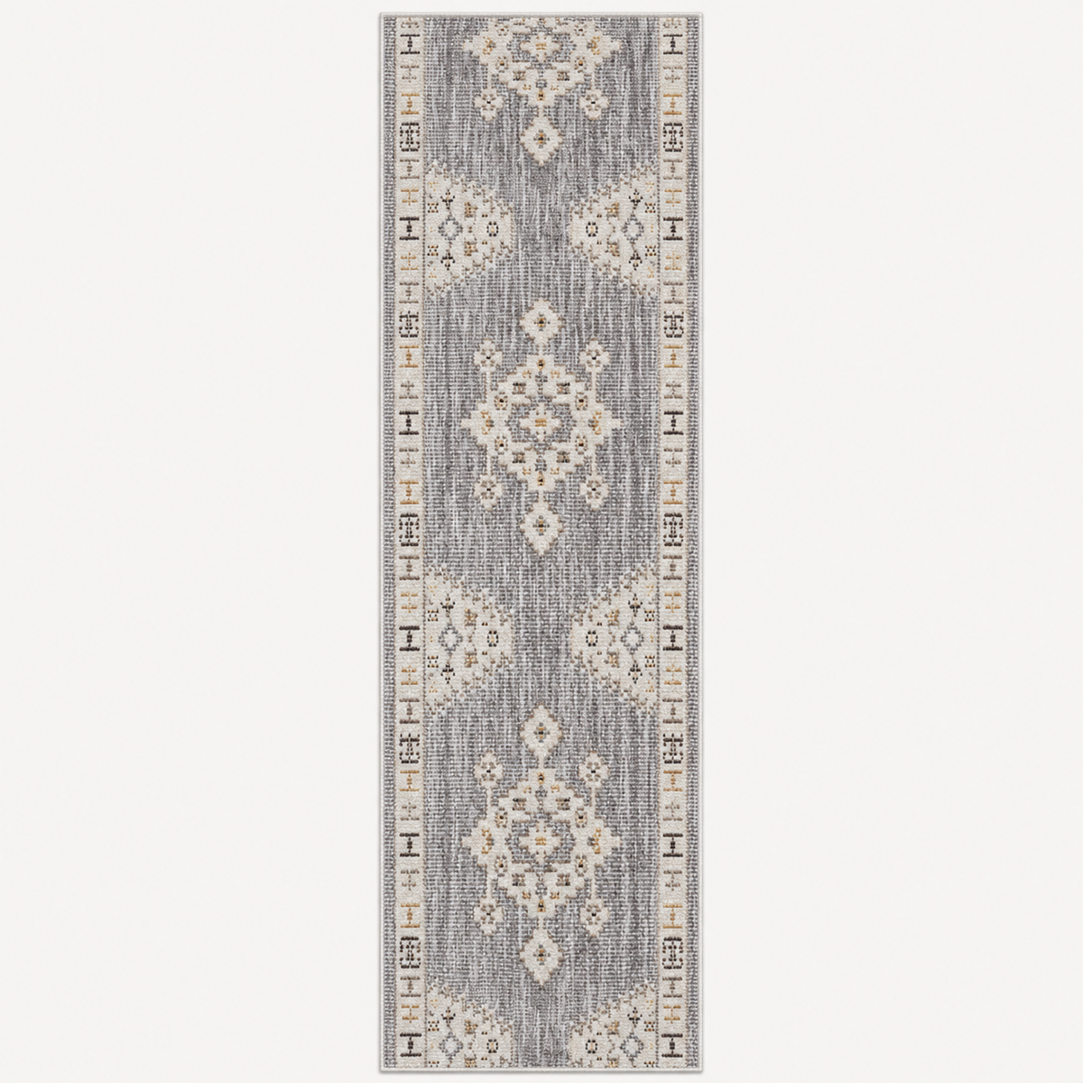 A long rectangular area rug with a distressed traditional pattern in gray, beige, and white, shown flat against a light gray background.