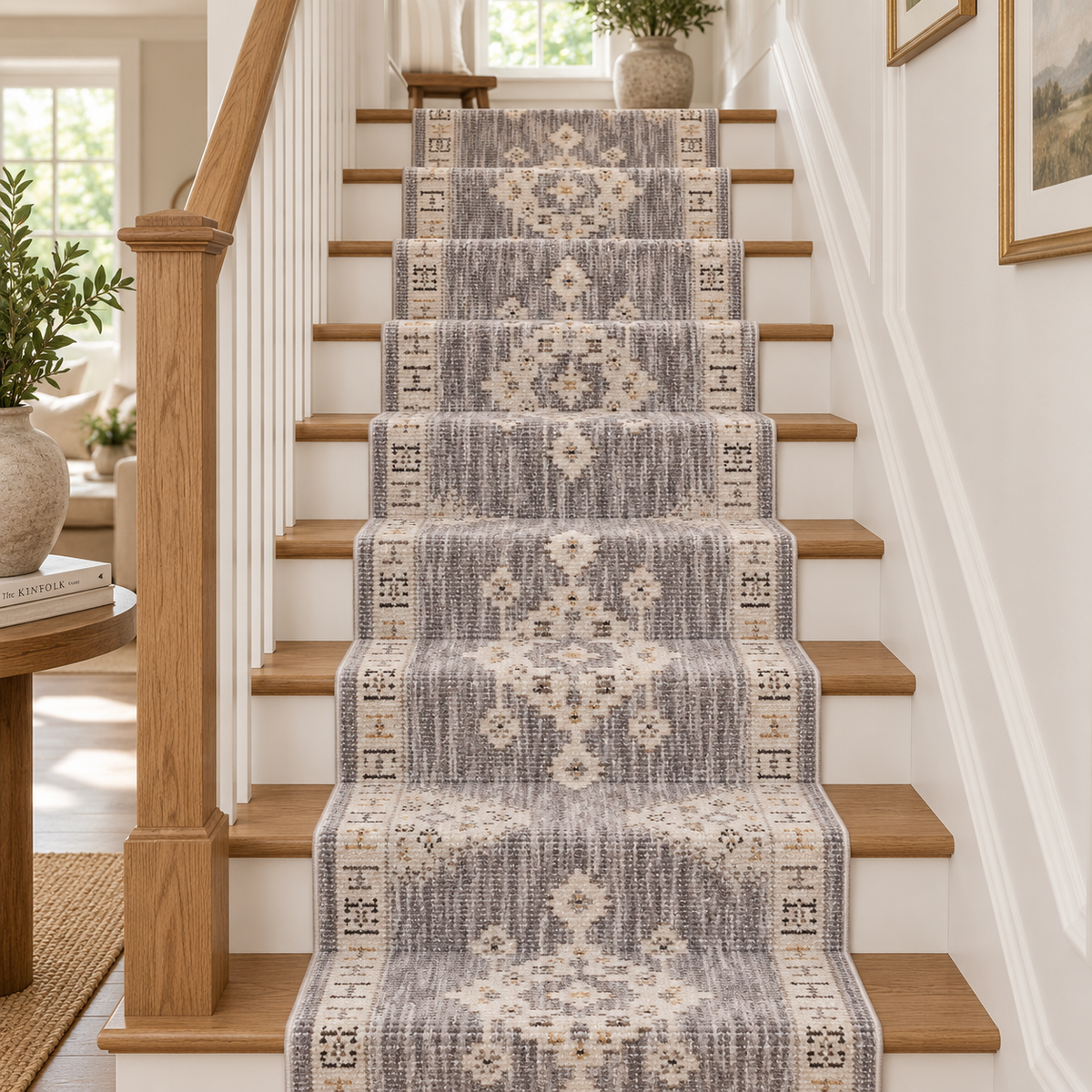 A set of patterned stair runner rugs in gray, beige, and cream tones, styled on a wooden staircase with white walls and a wooden banister.