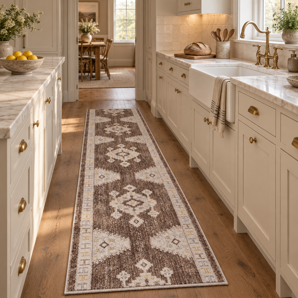 A long runner rug with a brown, beige, and cream geometric pattern is shown in a bright, modern kitchen with white cabinets, marble countertops, and wood floors.