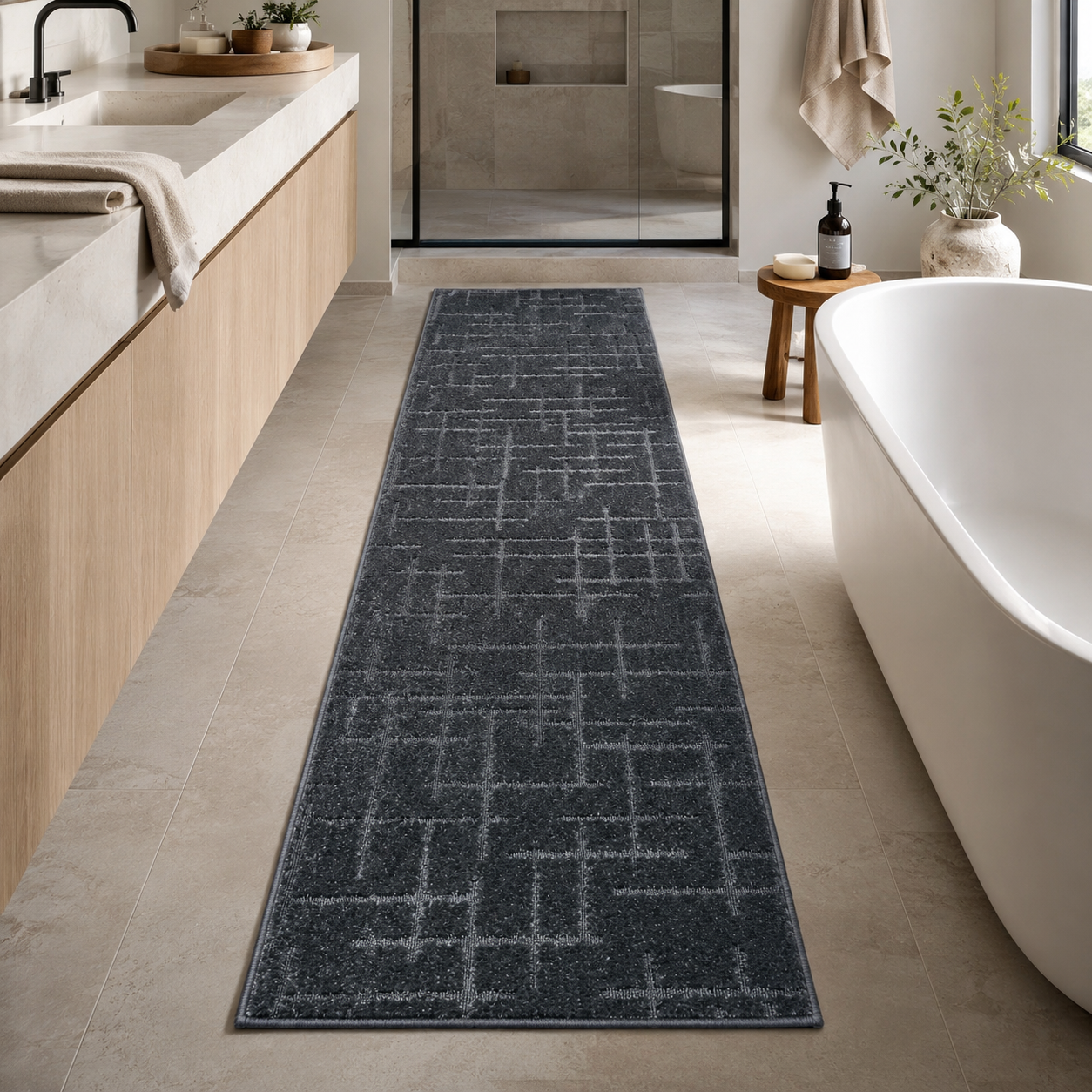 Serenity Soft Linen Midnight runner rug styled beside a bathroom vanity