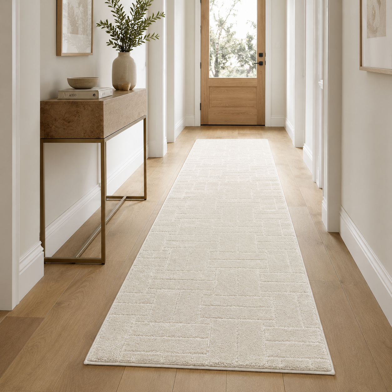 Serenity Soft Parquet Ivory runner rug styled in a hallway