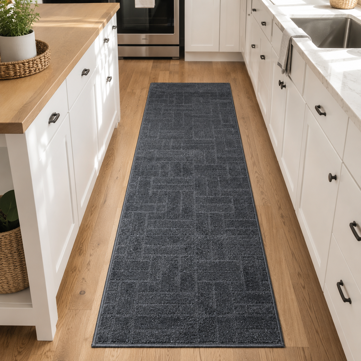 Serenity Soft Parquet Midnight runner rug styled in a kitchen