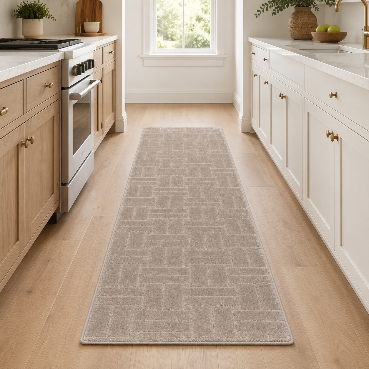 Serenity Soft Parquet Truffle runner rug styled in a kitchen