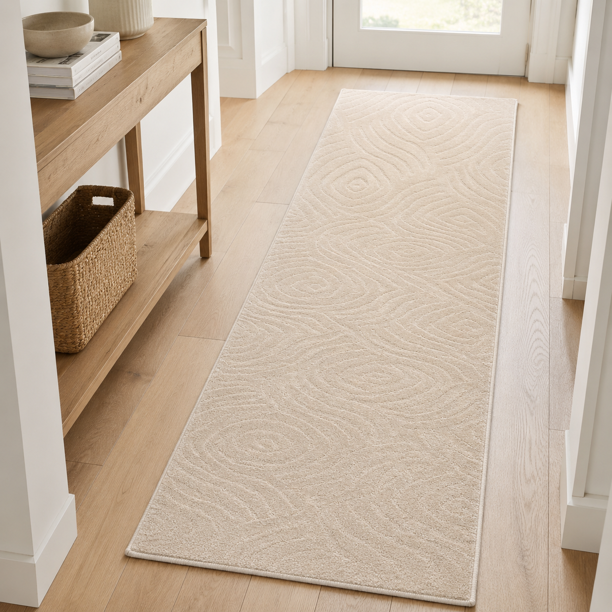 Serenity Soft Ripple Ivory runner rug styled in a hallway