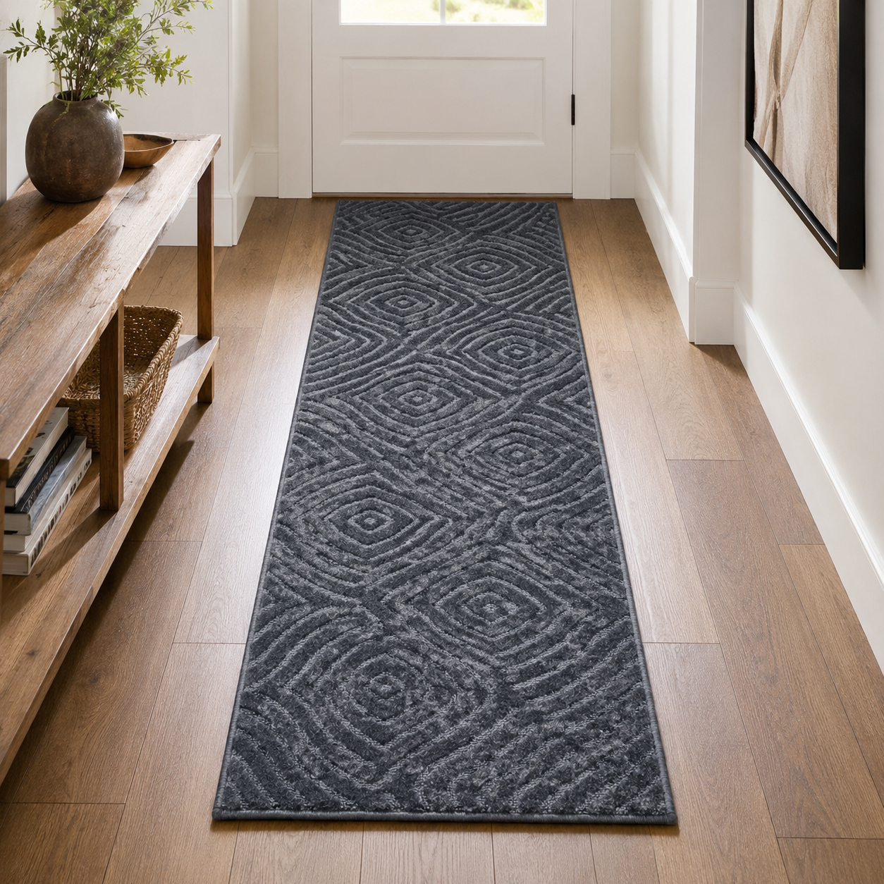 Serenity Soft Ripple Midnight runner rug styled in a hallway