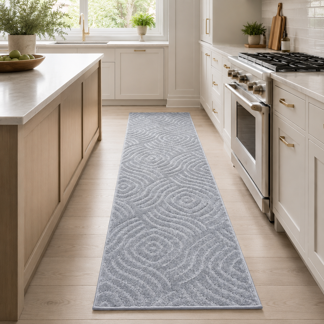 Serenity Soft Ripple Silver runner rug styled in a kitchen