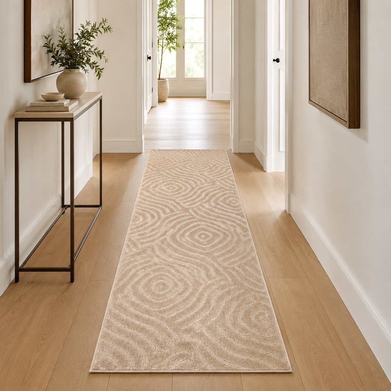 Serenity Soft Ripple Truffle runner rug styled in a hallway
