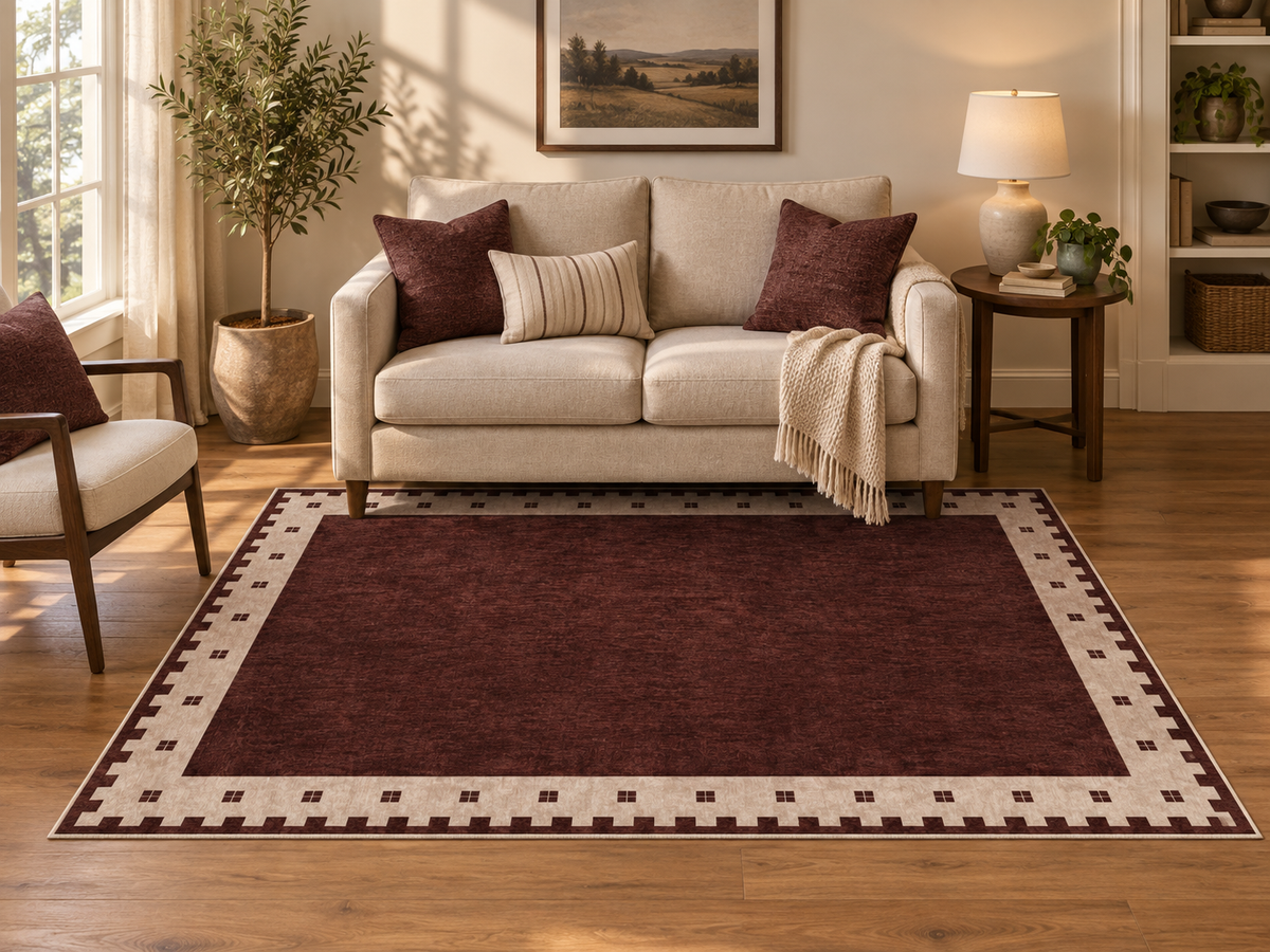 Apollo Evening Frame Area Rug — Burgundy / Cream — living room in soft afternoon light. Digital visualization.