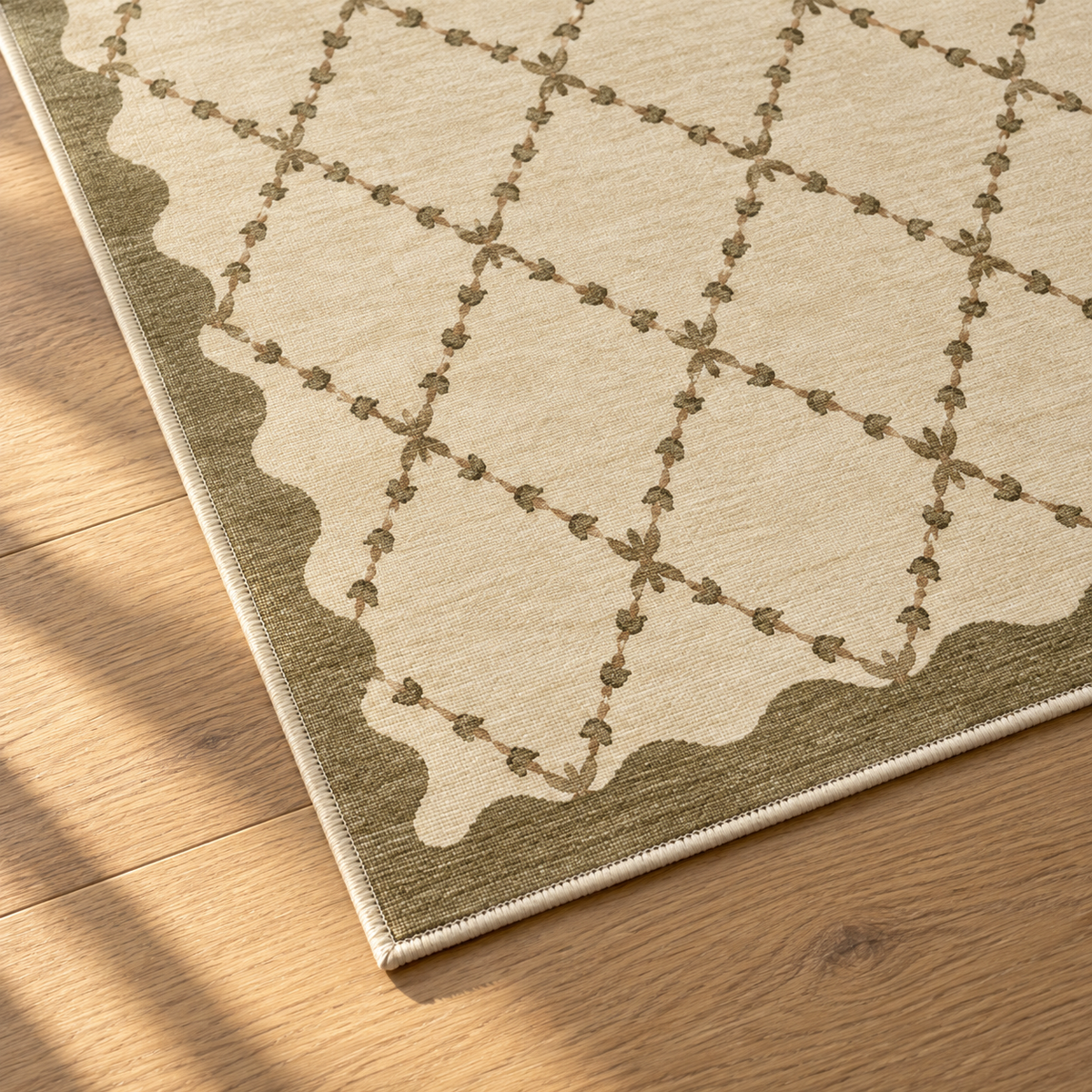 Apollo Petal Arc Area Rug — Olive Brown / Cream — corner and edge detail in soft afternoon light. Digital visualization.
