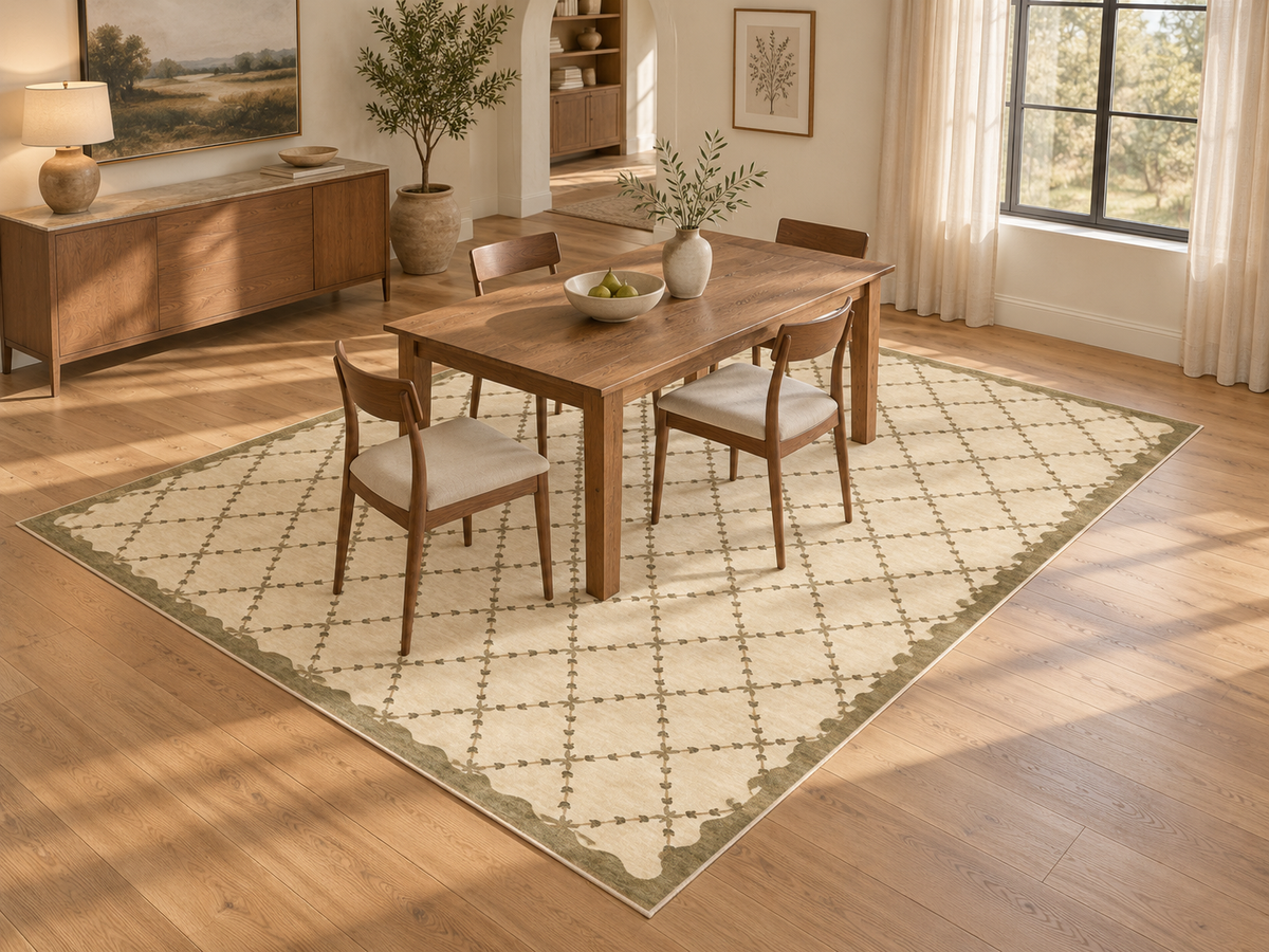 Apollo Petal Arc Area Rug — Olive Brown / Cream — dining room in soft afternoon light. Digital visualization.