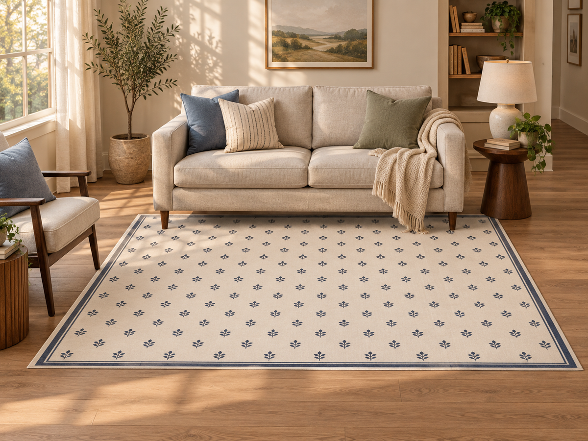 Apollo Little Orchard Area Rug — Navy / Cream — living room in soft afternoon light. Digital visualization.