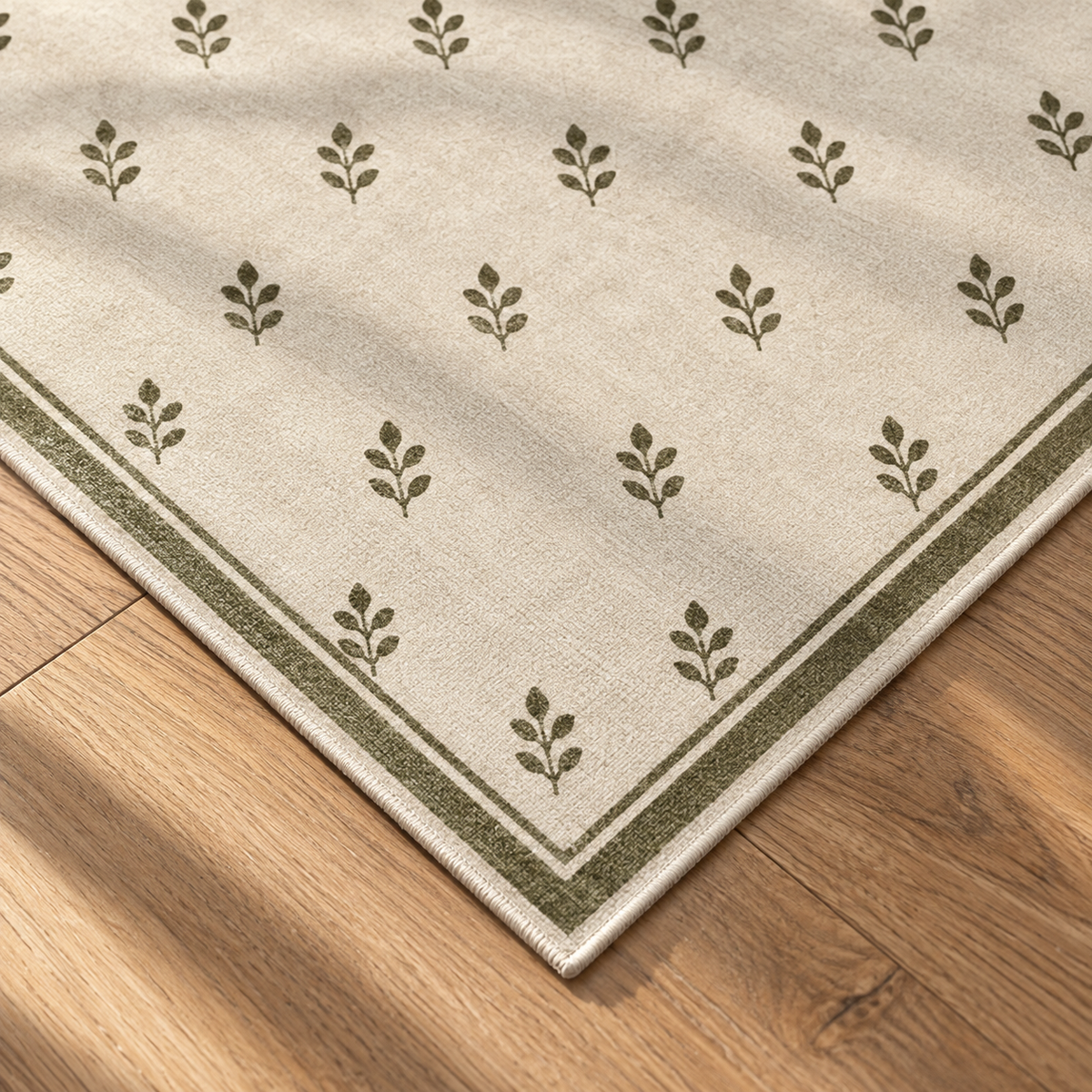 Apollo Little Orchard Area Rug — Olive / Cream — corner and edge detail in soft afternoon light. Digital visualization.