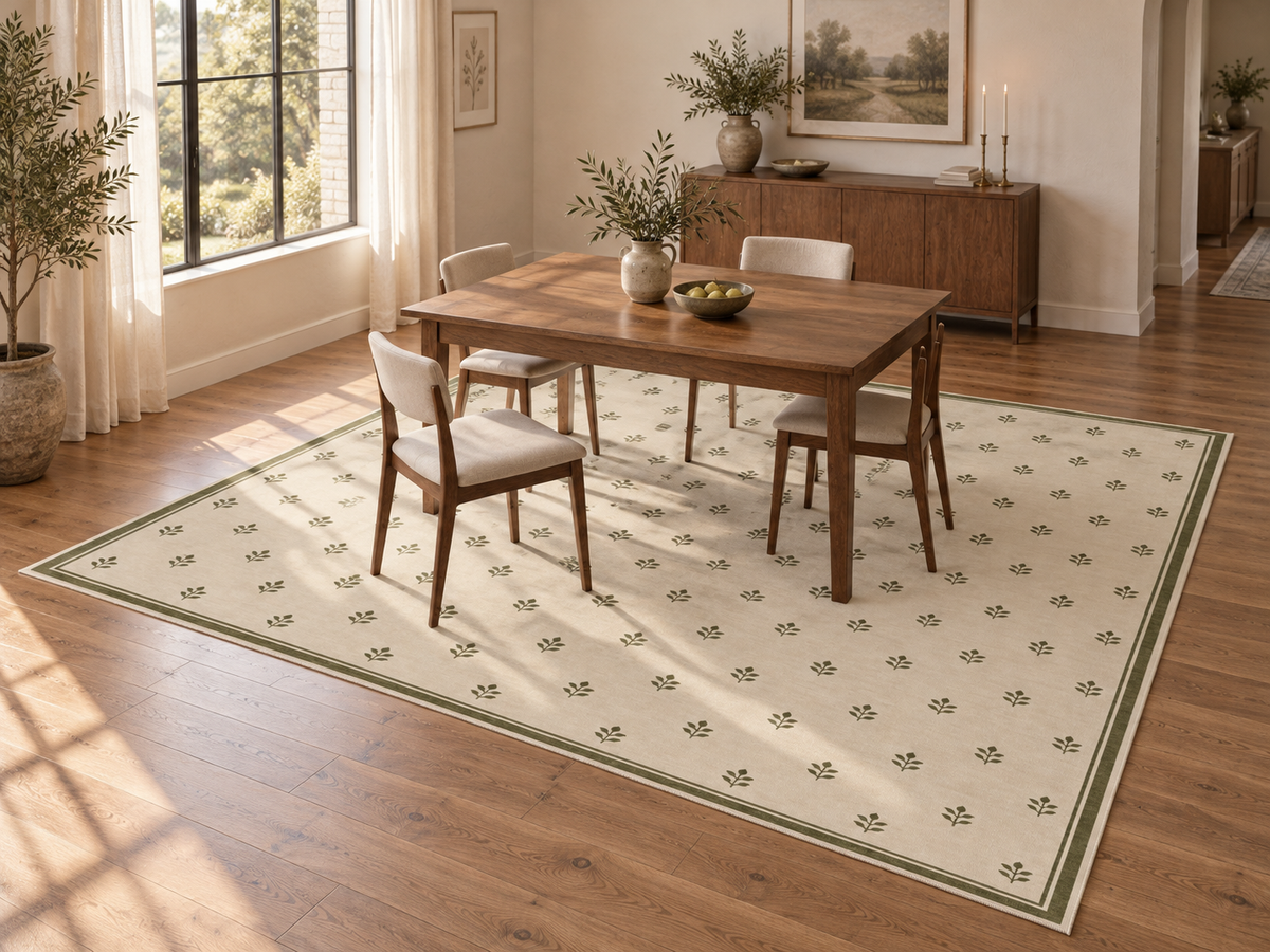 Apollo Little Orchard Area Rug — Olive / Cream — dining room in soft afternoon light. Digital visualization.