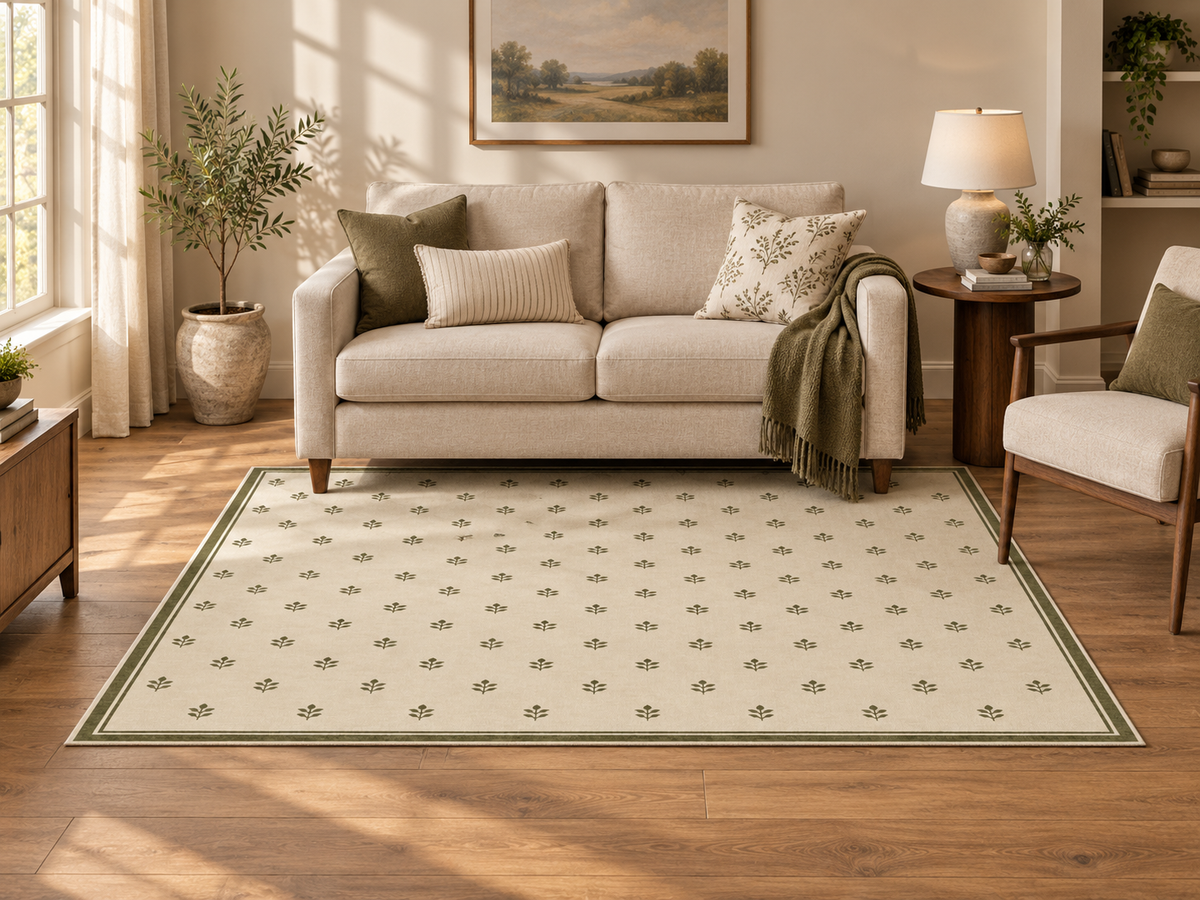 Apollo Little Orchard Area Rug — Olive / Cream — living room in soft afternoon light. Digital visualization.