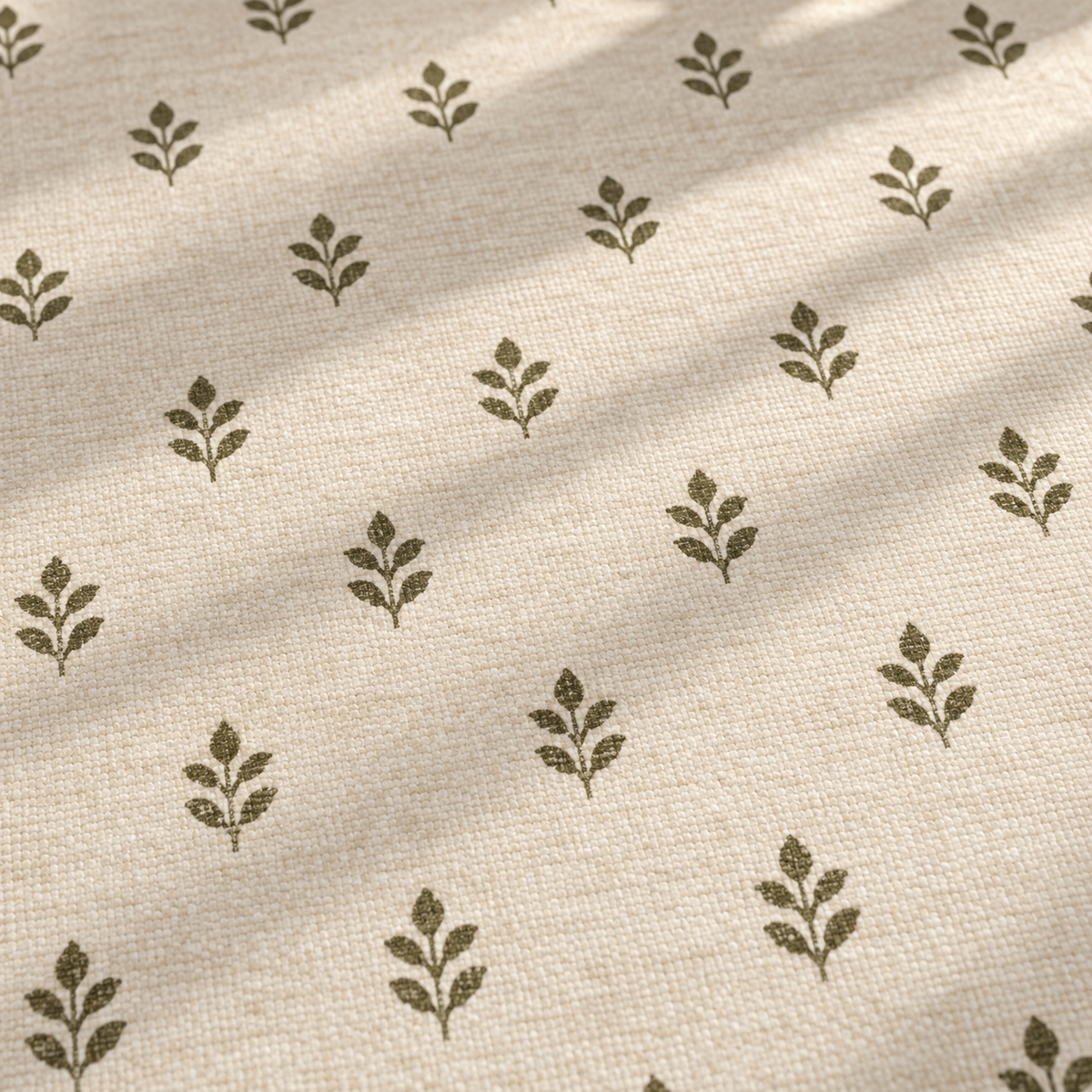 Apollo Little Orchard Area Rug — Olive / Cream — pattern and surface detail in soft afternoon light. Digital visualization.