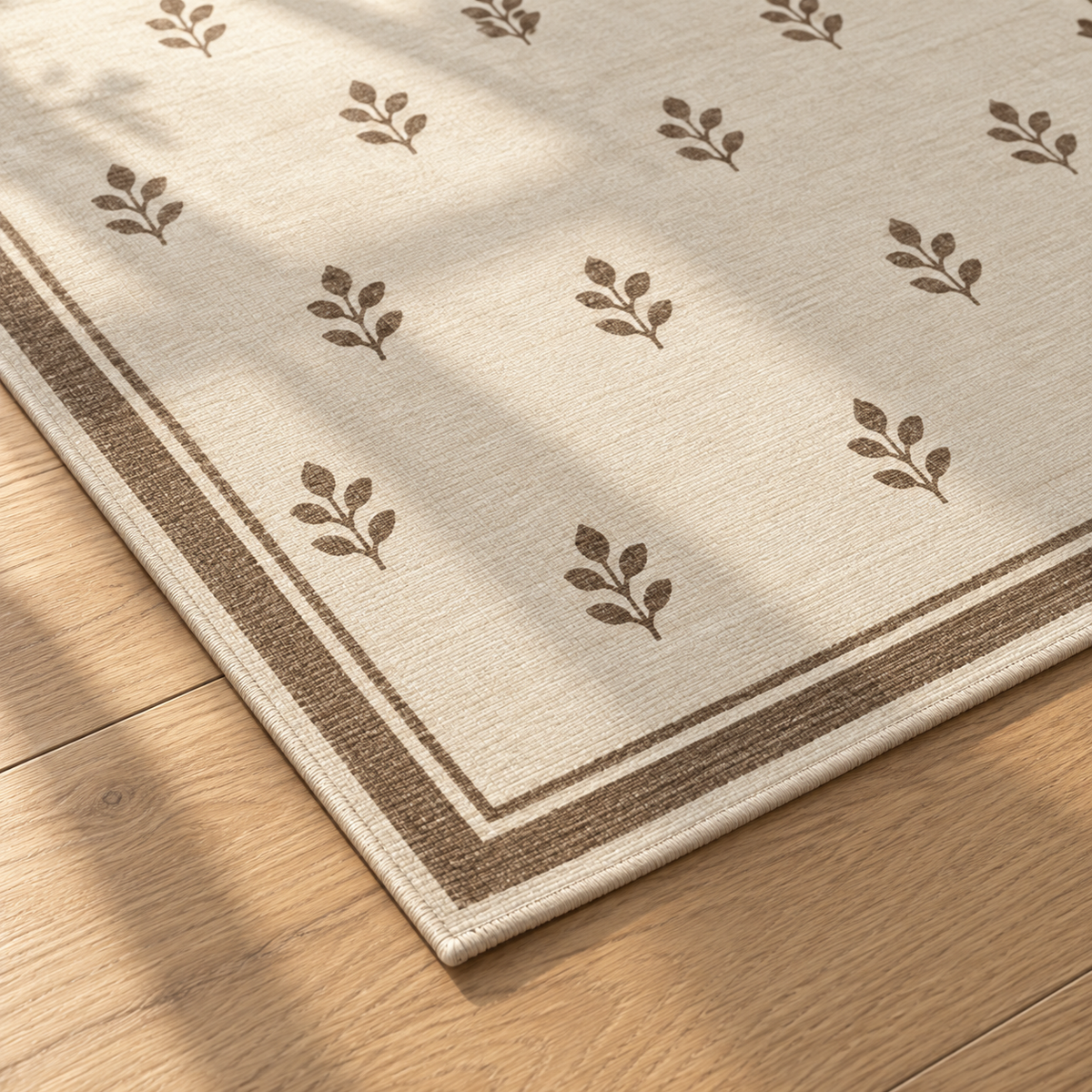 Apollo Little Orchard Area Rug — Brown / Cream — corner and edge detail in soft afternoon light. Digital visualization.