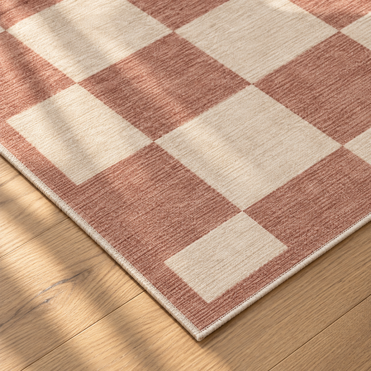 Apollo Sunday Check Area Rug — Dusty Rose / Cream — corner and edge detail in soft afternoon light. Digital visualization.