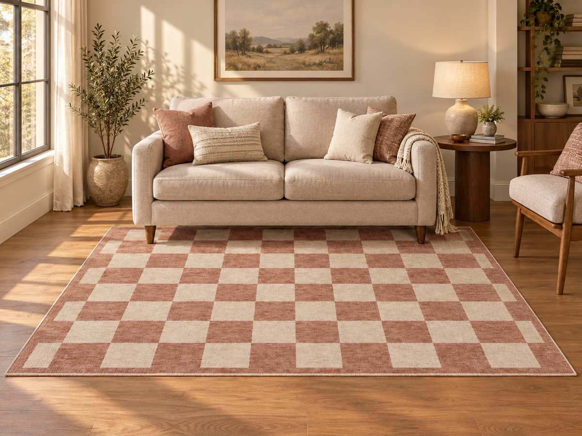 Apollo Sunday Check Area Rug — Dusty Rose / Cream — living room in soft afternoon light. Digital visualization.