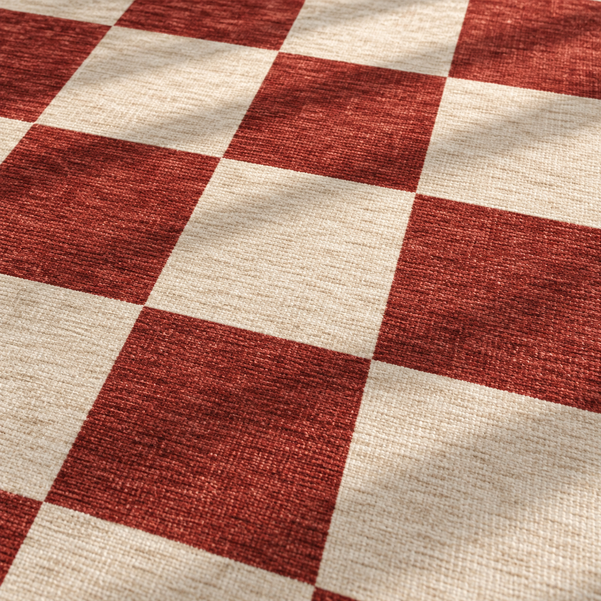 Apollo Sunday Check Area Rug — Red / Cream — pattern and surface detail in soft afternoon light. Digital visualization.