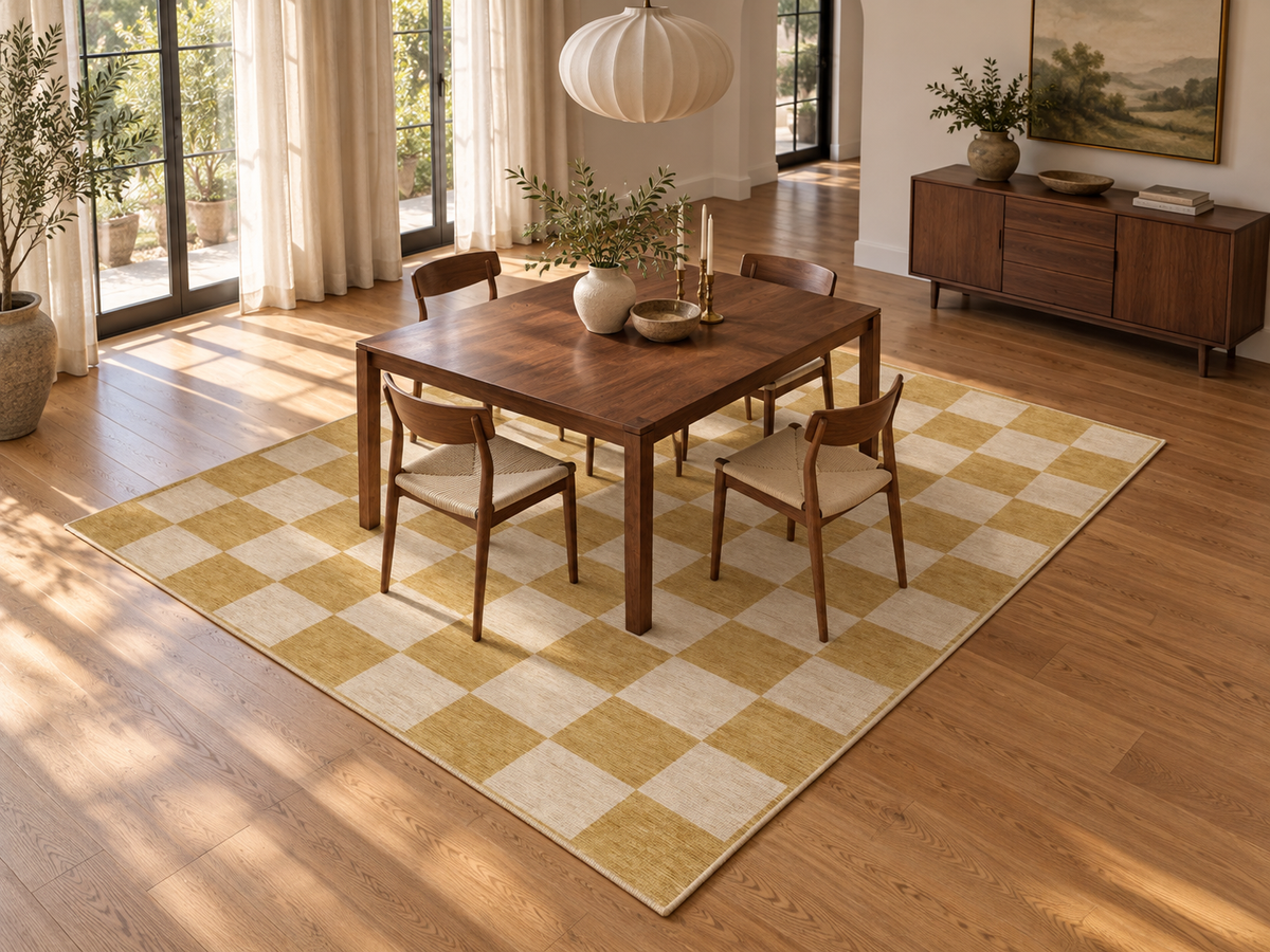 Apollo Sunday Check Area Rug — Mustard / Cream — dining room in soft afternoon light. Digital visualization.