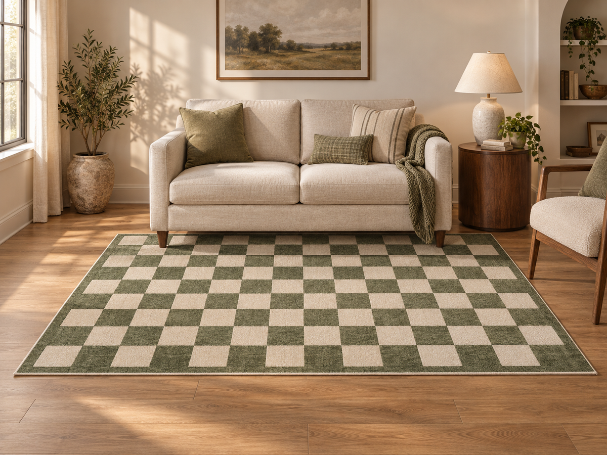 Apollo Sunday Check Area Rug — Olive / Cream — living room in soft afternoon light. Digital visualization.