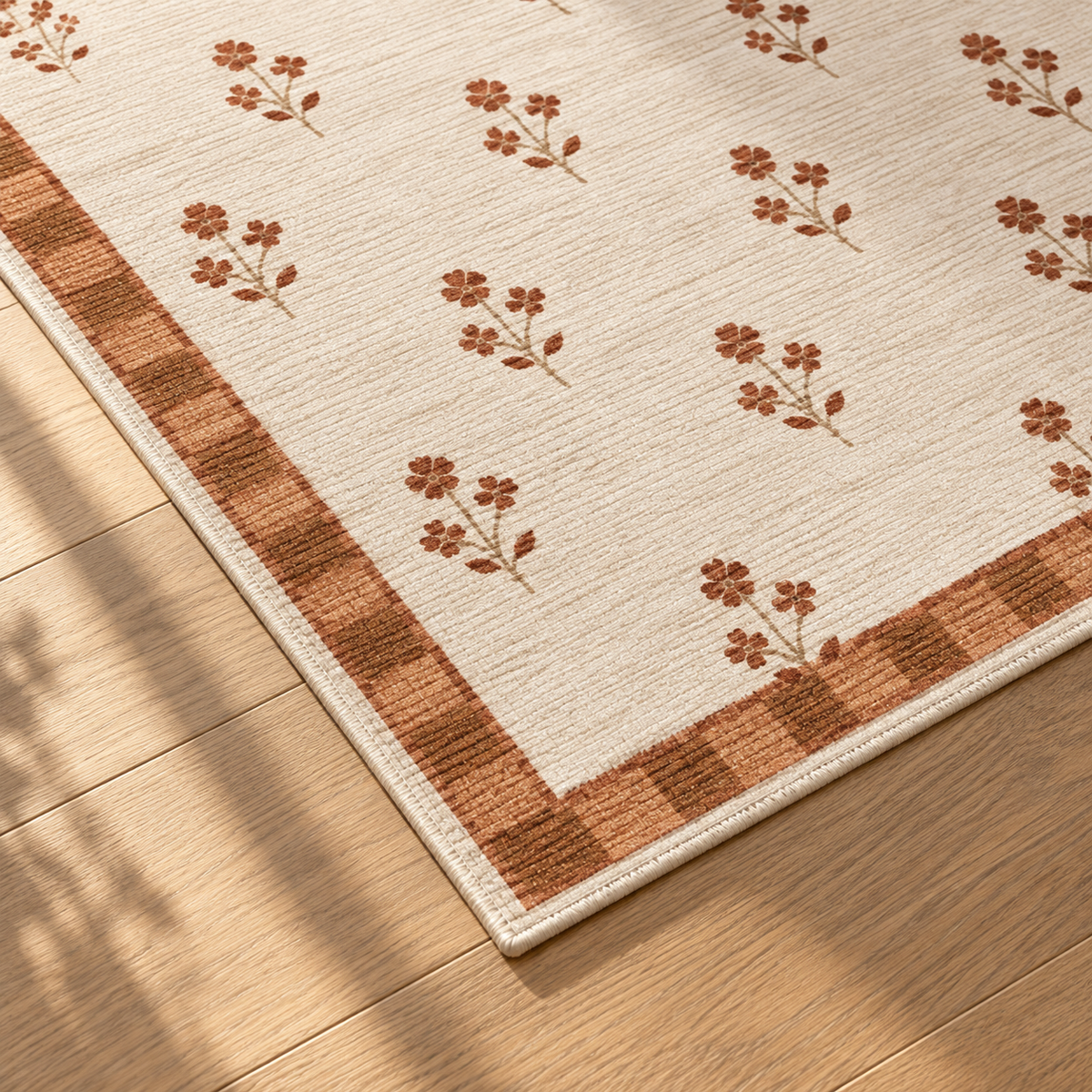 Apollo Posy Walk Area Rug — Terracotta / Beige — corner and edge detail in soft afternoon light. Digital visualization.
