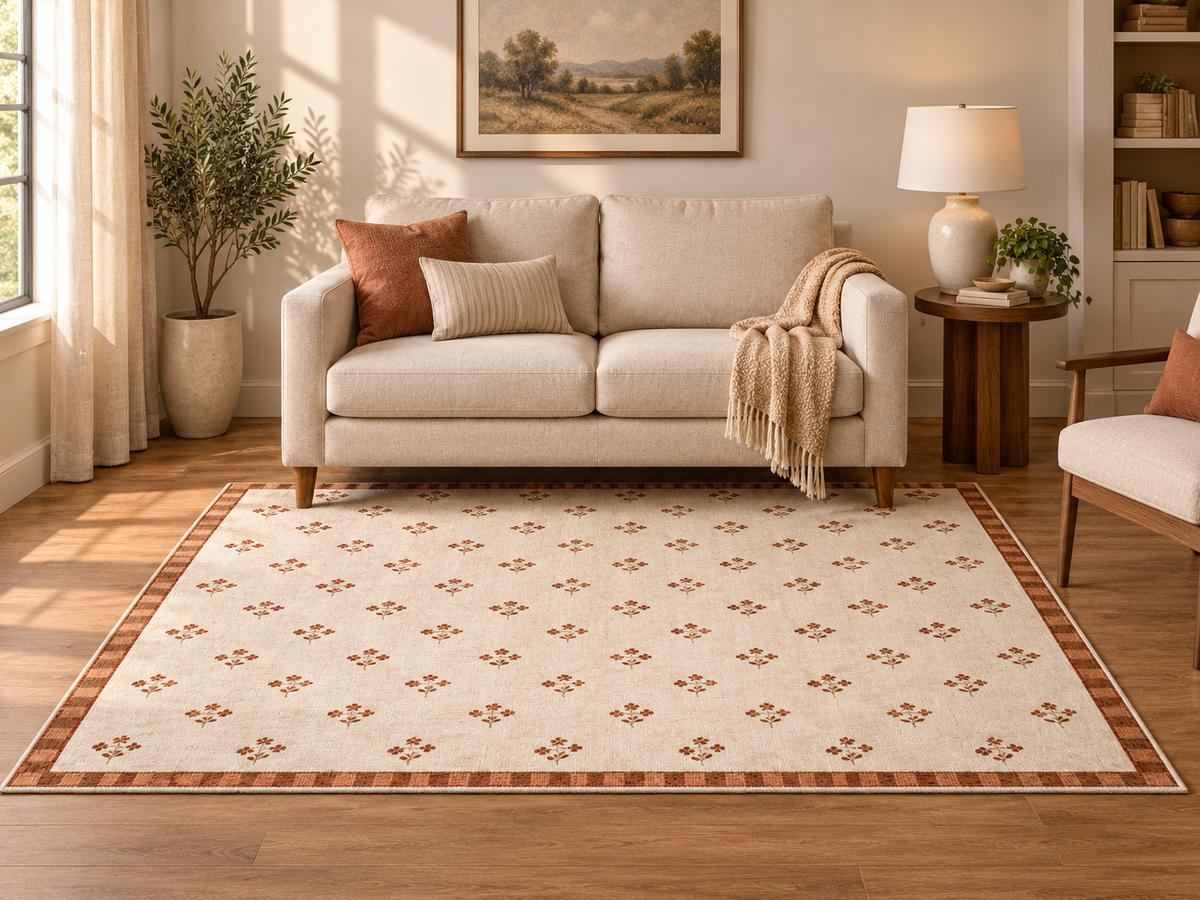 Apollo Posy Walk Area Rug — Terracotta / Beige — living room in soft afternoon light. Digital visualization.