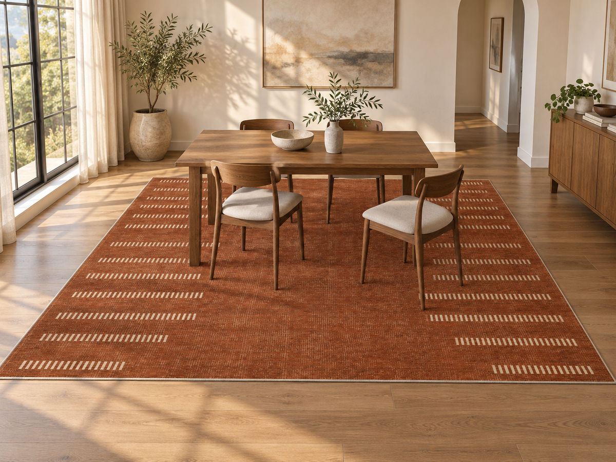 Apollo Interval Row Area Rug — Terracotta / Beige — dining room in soft afternoon light. Digital visualization.