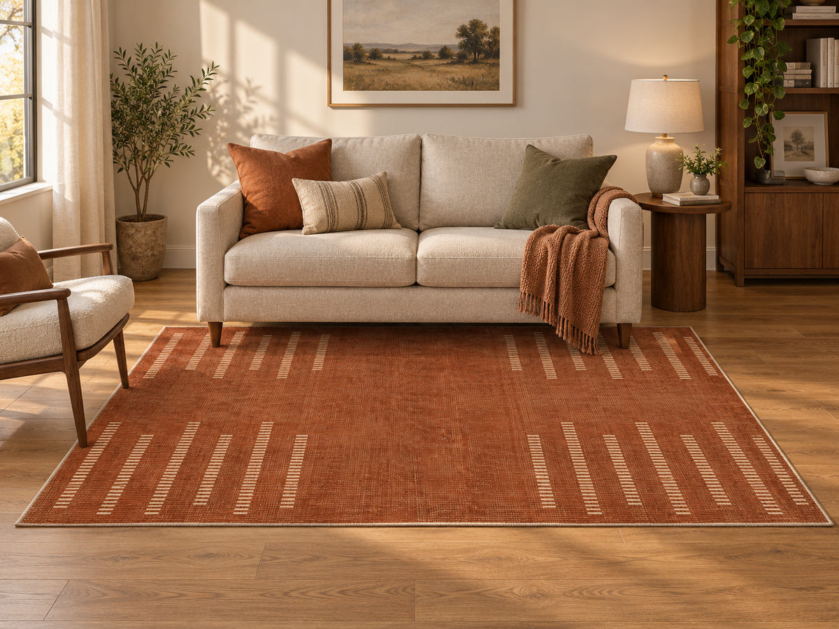 Apollo Interval Row Area Rug — Terracotta / Beige — living room in soft afternoon light. Digital visualization.