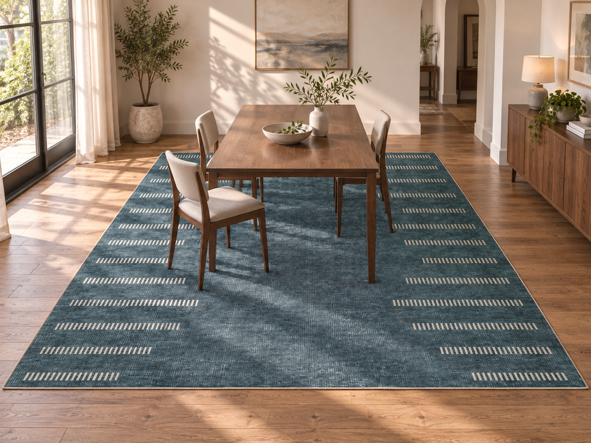 Apollo Interval Row Area Rug — Petrol Blue / Beige — dining room in soft afternoon light. Digital visualization.