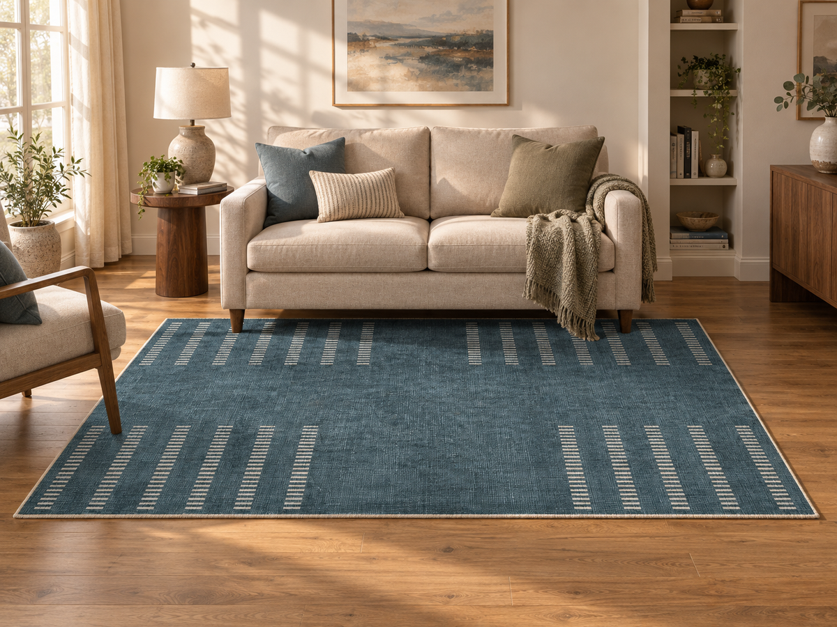Apollo Interval Row Area Rug — Petrol Blue / Beige — living room in soft afternoon light. Digital visualization.