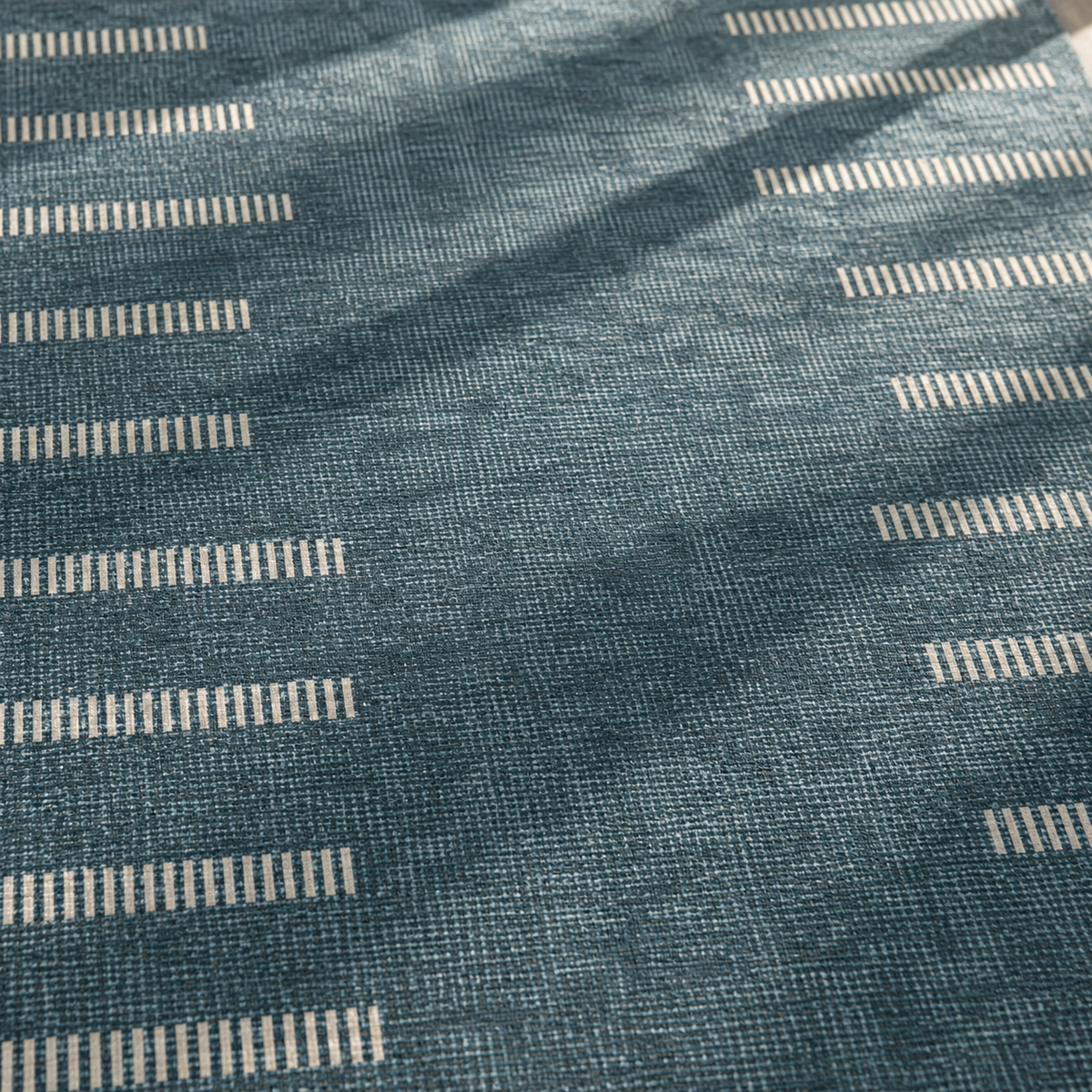 Apollo Interval Row Area Rug — Petrol Blue / Beige — pattern and surface detail in soft afternoon light. Digital visualization.