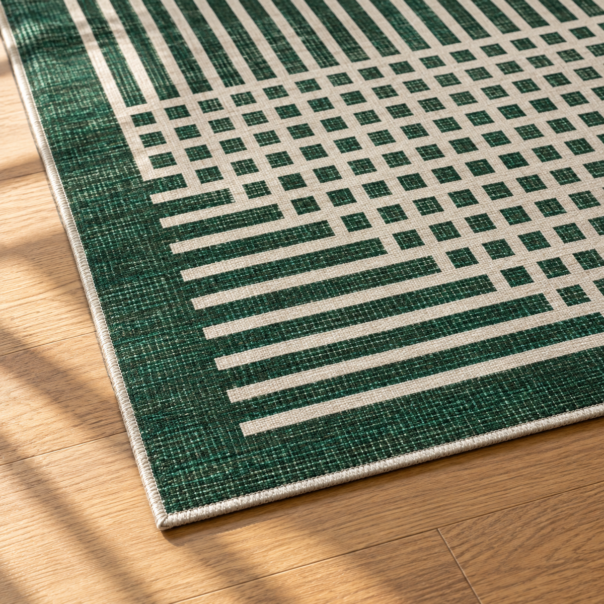Apollo Crossline Study Area Rug — Pine Green / Cream — corner and edge detail in soft afternoon light. Digital visualization.