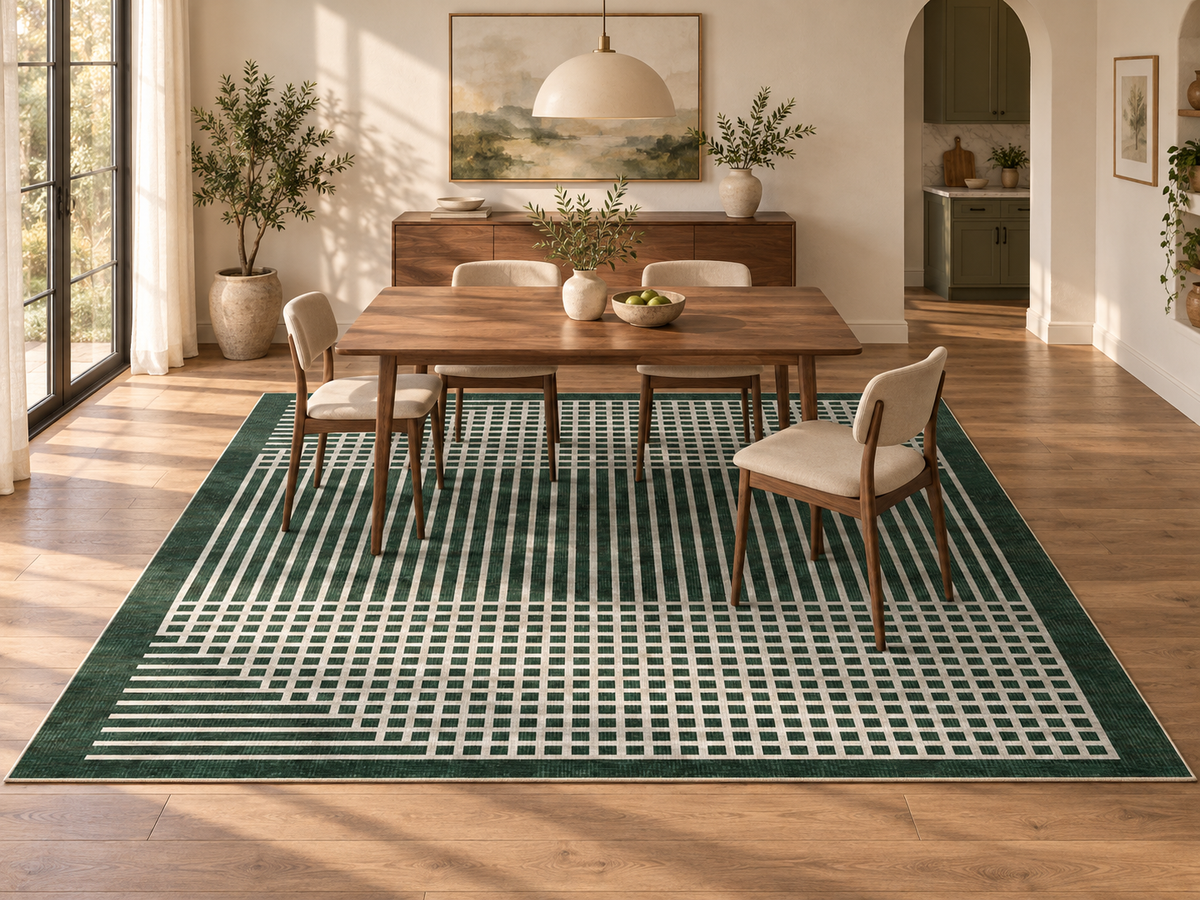 Apollo Crossline Study Area Rug — Pine Green / Cream — dining room in soft afternoon light. Digital visualization.