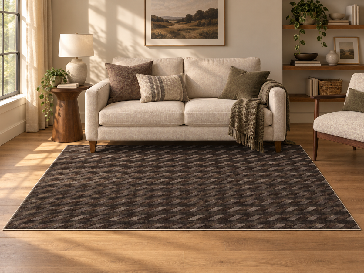 Apollo Slant Row Area Rug β Espresso / Taupe β living room in soft afternoon light. Digital visualization.