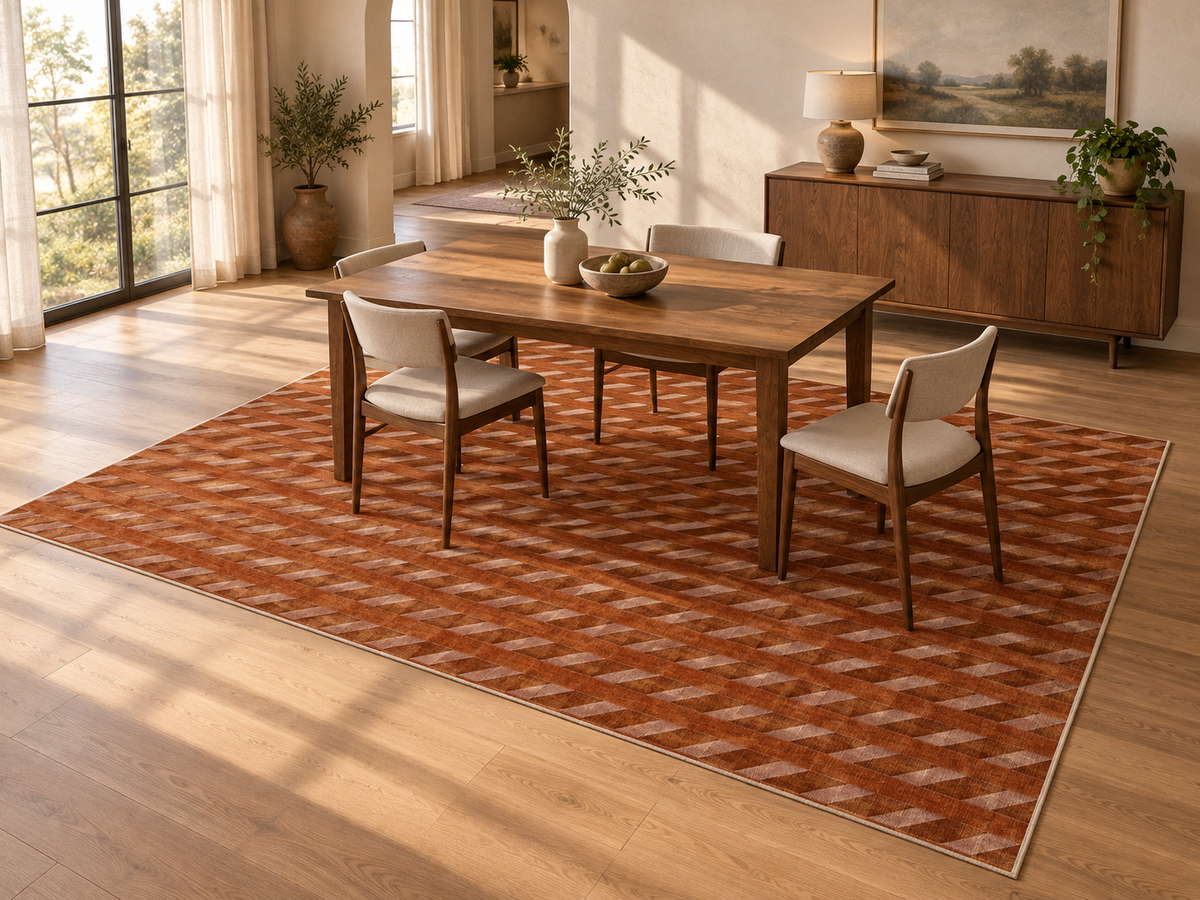 Apollo Slant Row Area Rug β Terracotta / Clay β dining room in soft afternoon light. Digital visualization.