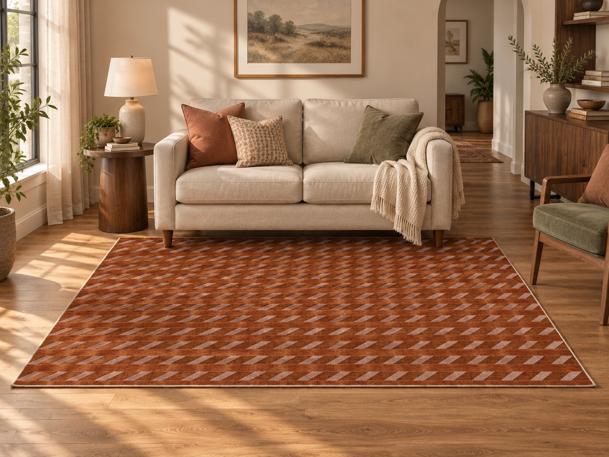 Apollo Slant Row Area Rug β Terracotta / Clay β living room in soft afternoon light. Digital visualization.