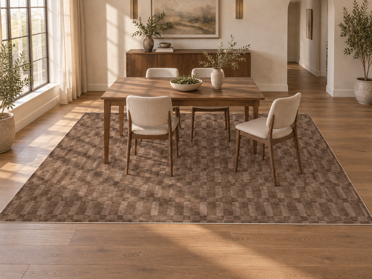 Apollo Pavilion Step Area Rug — Light Brown / Taupe — dining room in soft afternoon light. Digital visualization.