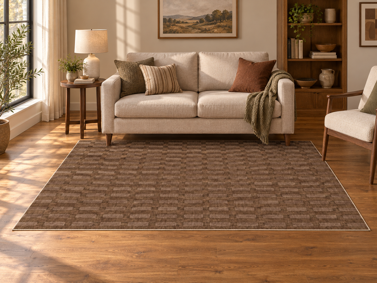 Apollo Pavilion Step Area Rug — Light Brown / Taupe — living room in soft afternoon light. Digital visualization.