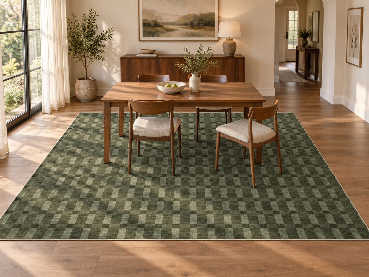 Apollo Pavilion Step Area Rug — Green / Sage — dining room in soft afternoon light. Digital visualization.