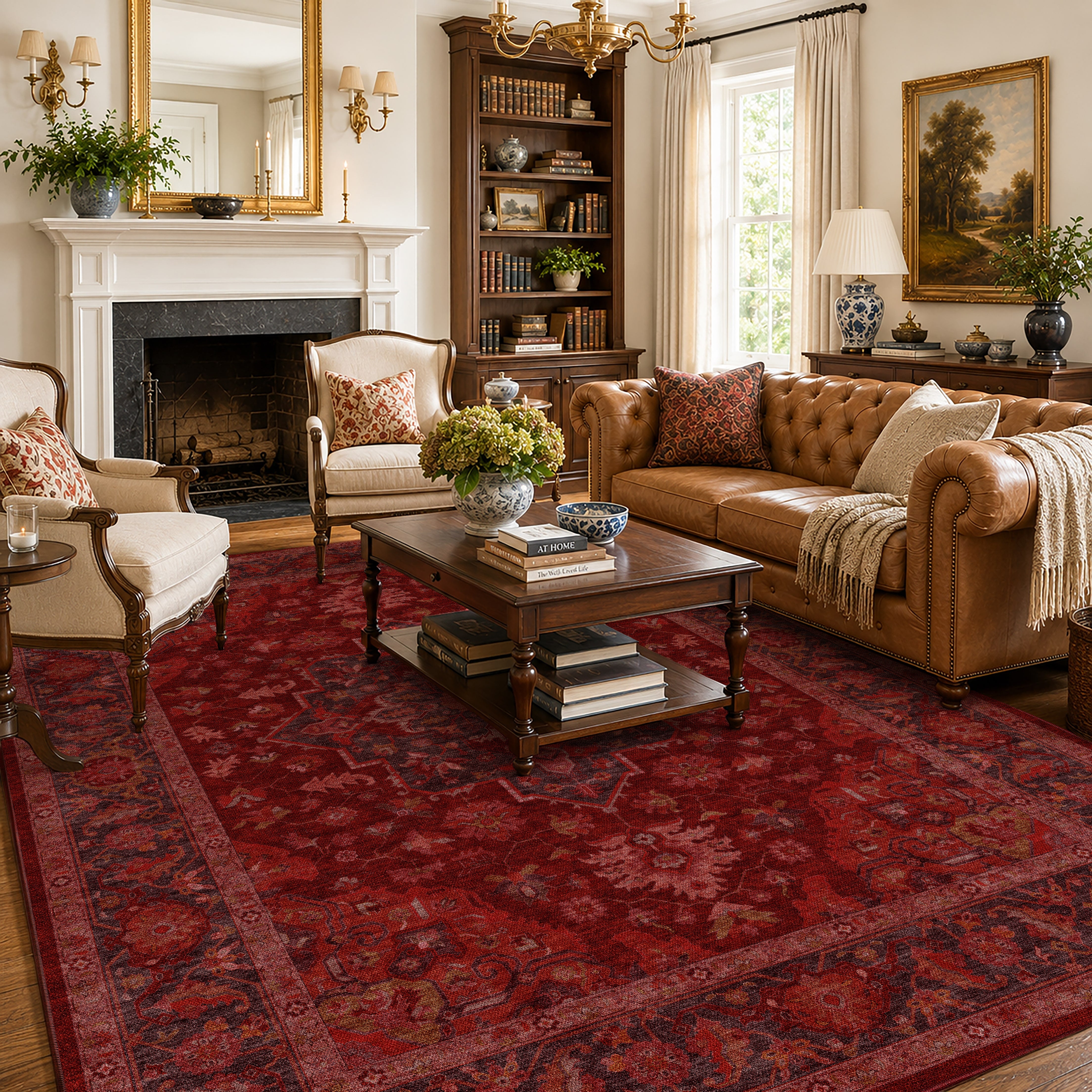 Apollo Ember Court Oxblood Red Medallion Washable Rug — styled in a living room