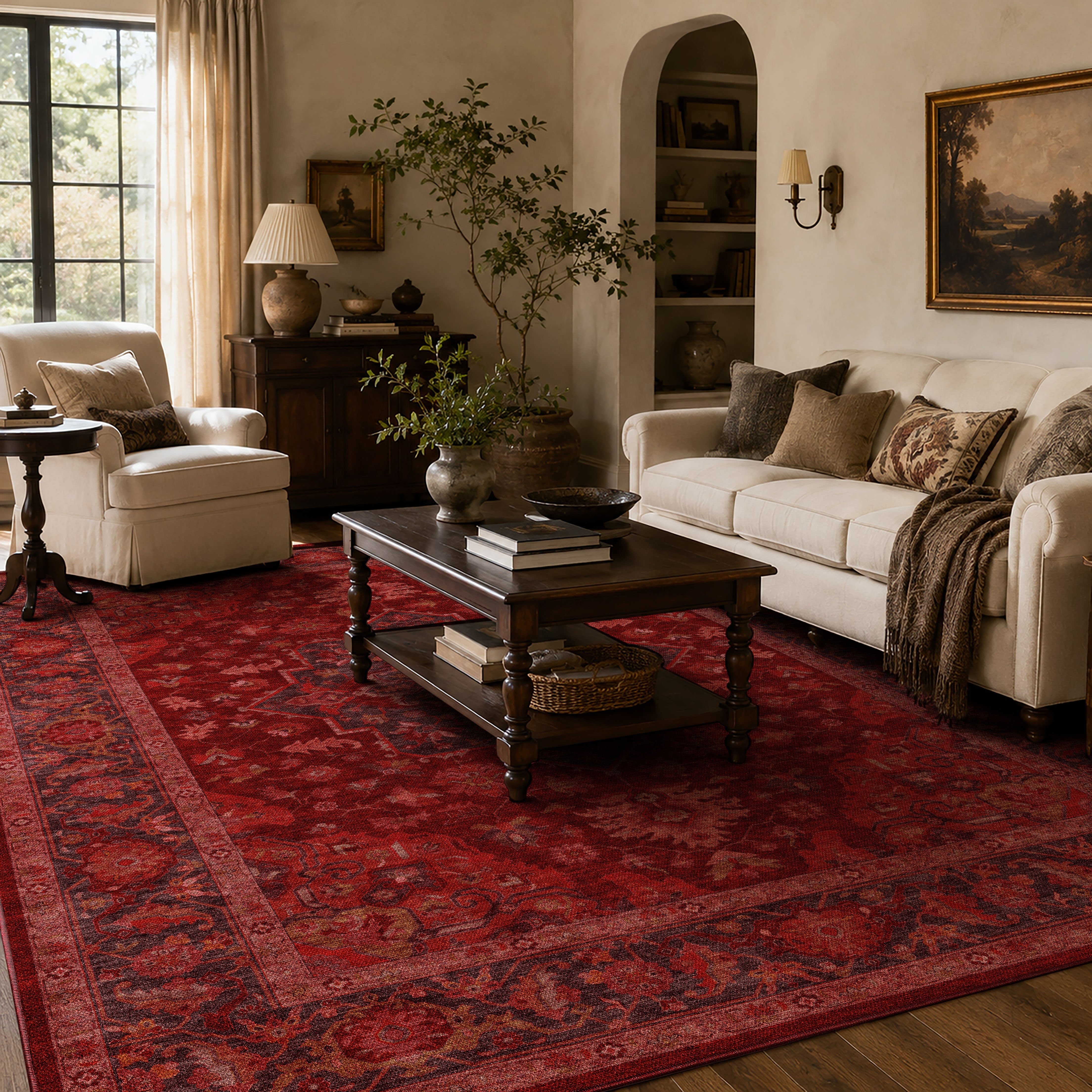 Apollo Ember Court Oxblood Red Medallion Washable Rug — styled in a living room