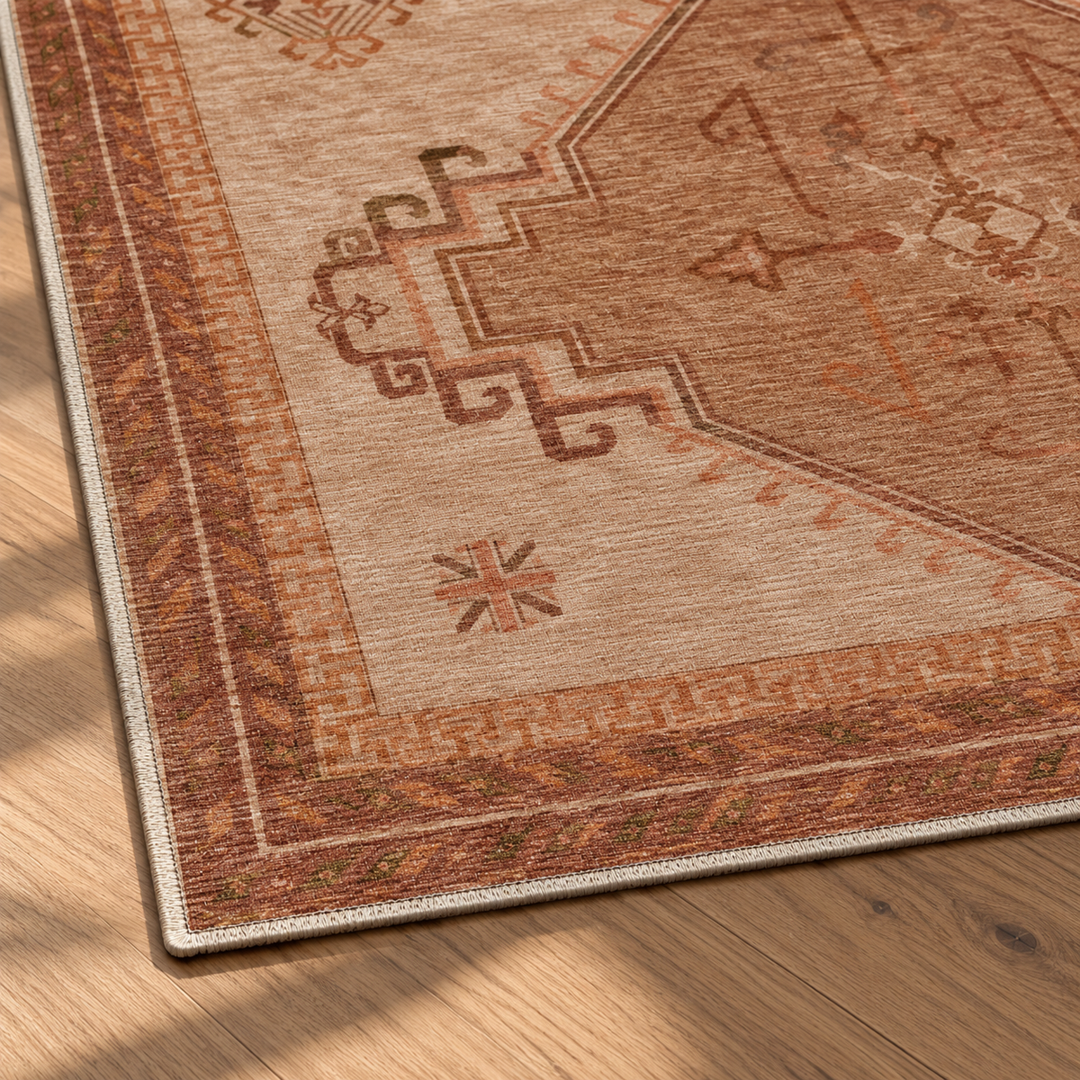 Apollo Wayfarer Court Area Rug — Terracotta / Beige — corner and edge detail in soft afternoon light. Digital visualization.