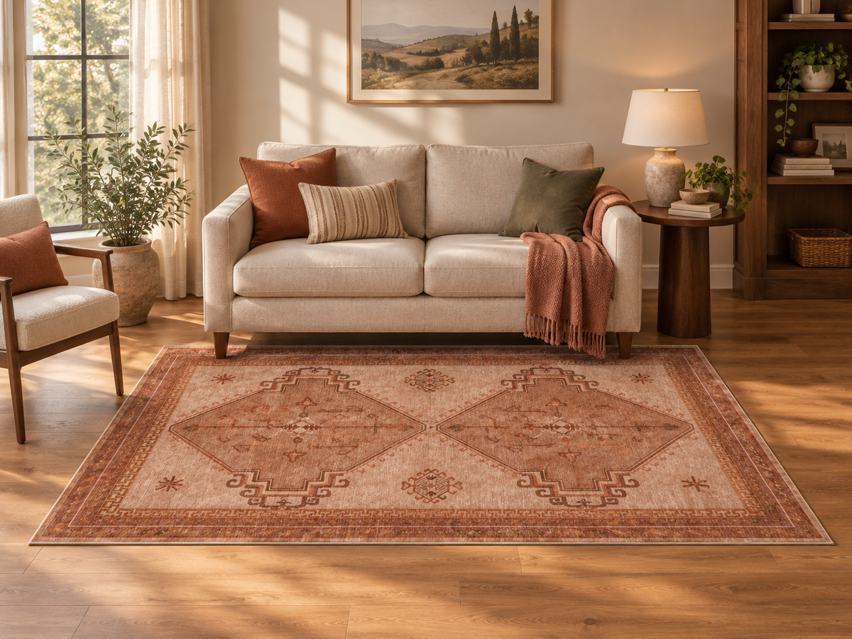 Apollo Wayfarer Court Area Rug — Terracotta / Beige — living room in soft afternoon light. Digital visualization.